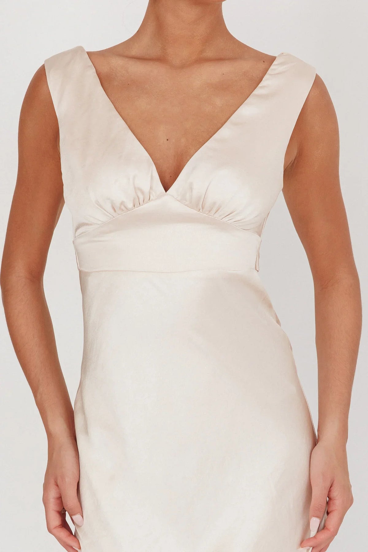 Leila V-Neck Low Back Satin Midi Dress Ivory