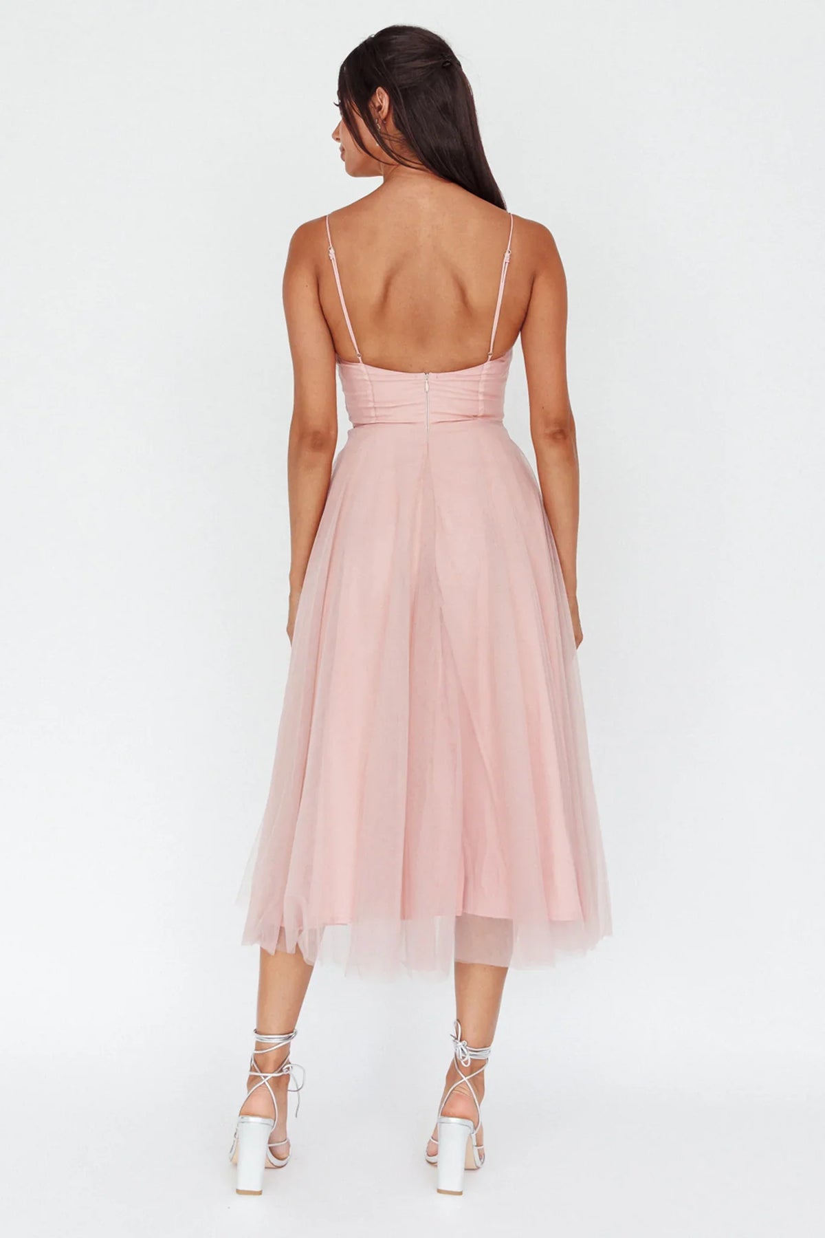 Smitten Lace Insert Tulle Midi Dress Blush