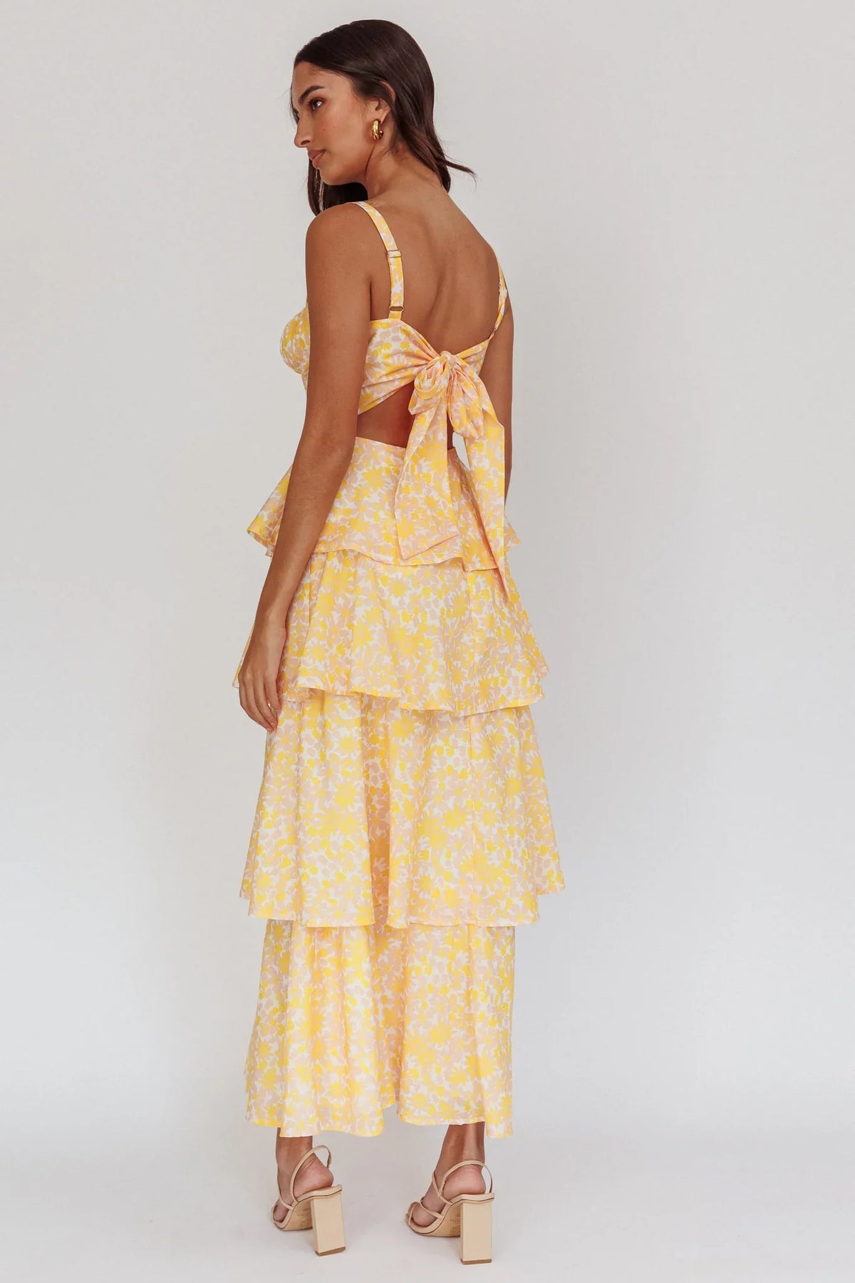 Provence Bloom Tiered Ruffle Floral Maxi Dress Yellow