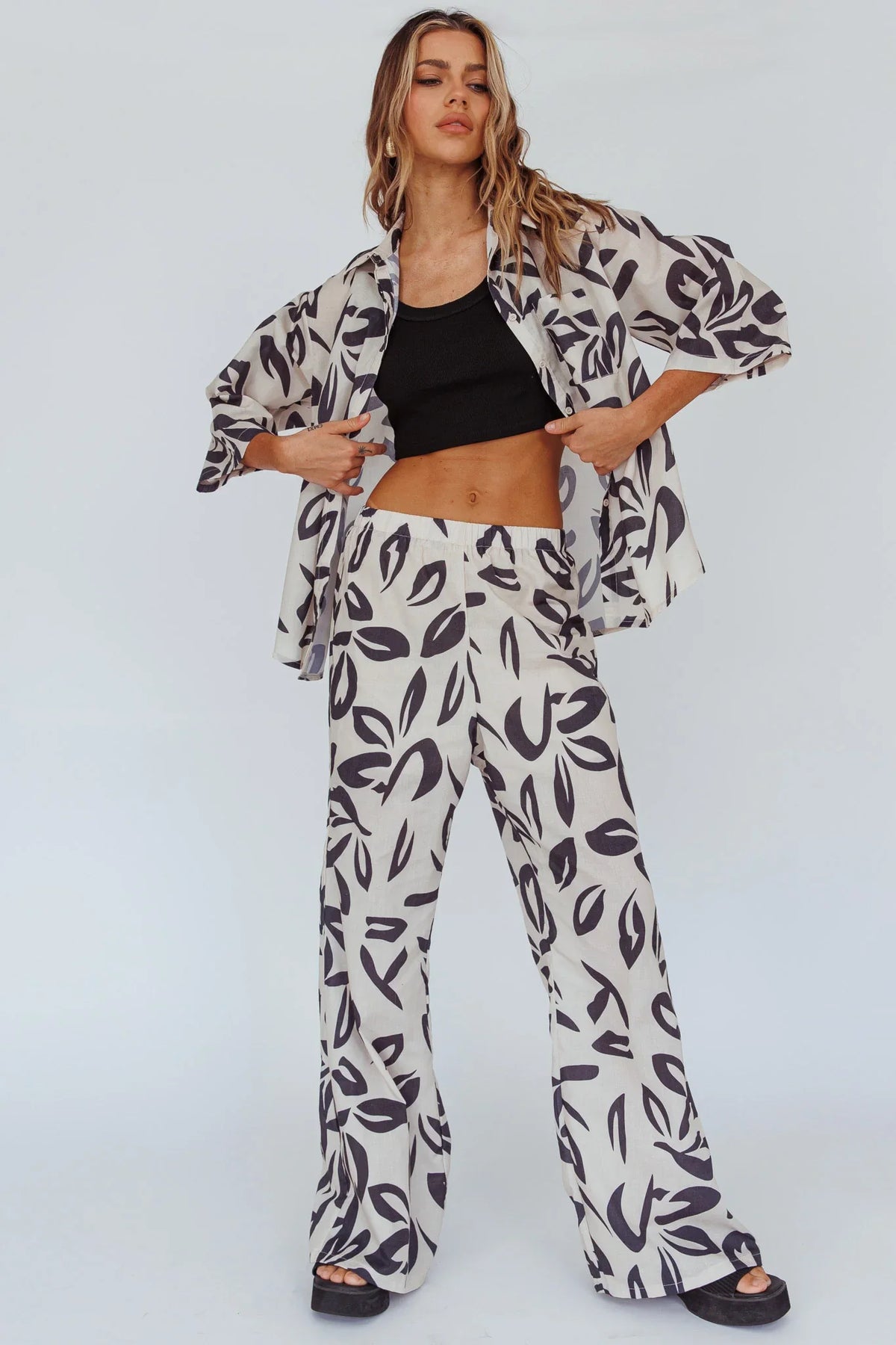 Just A Hunch Button Shirt Leaf Print Beige