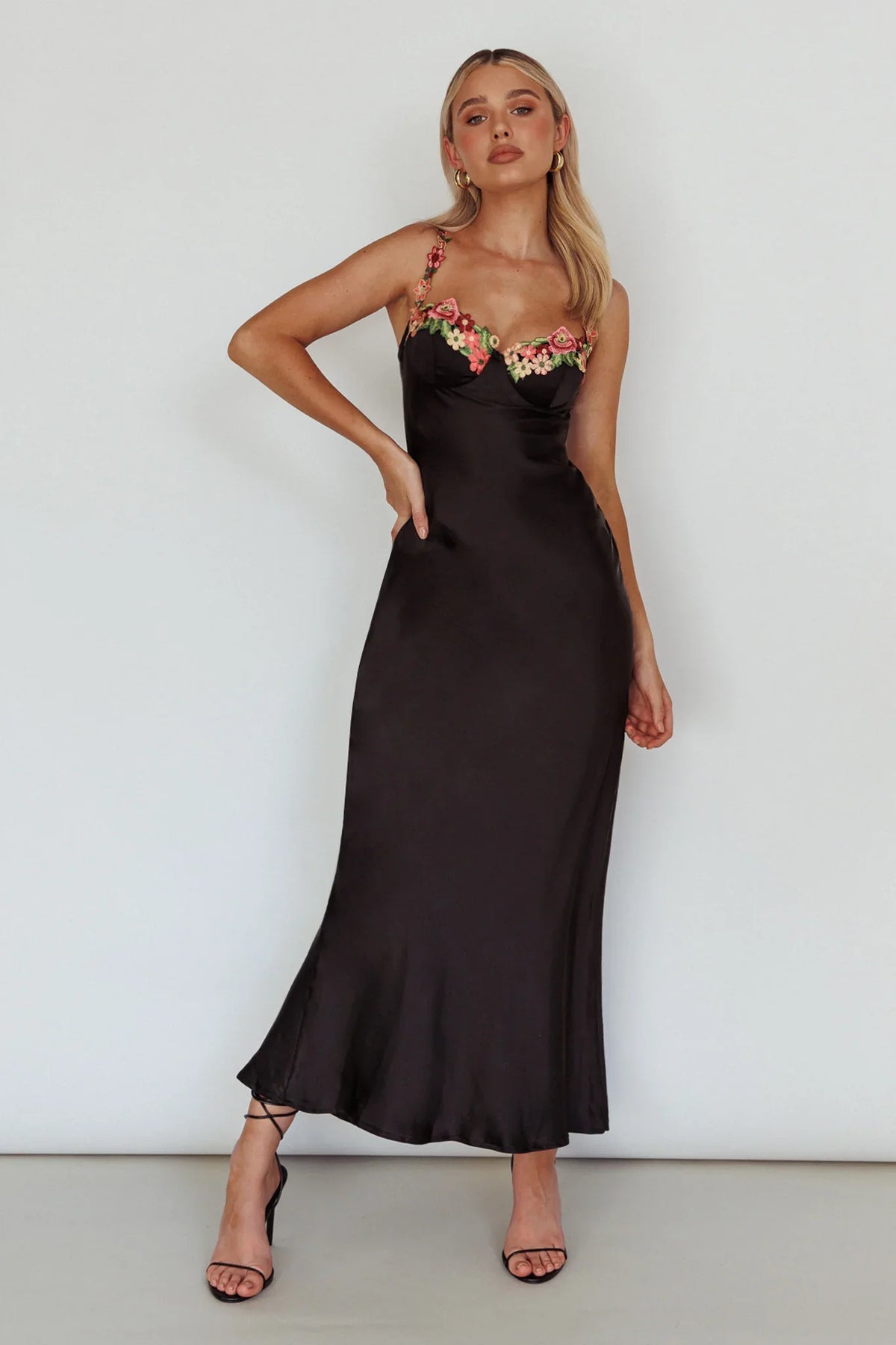Rose Garden Floral Applique Midi Dress Black