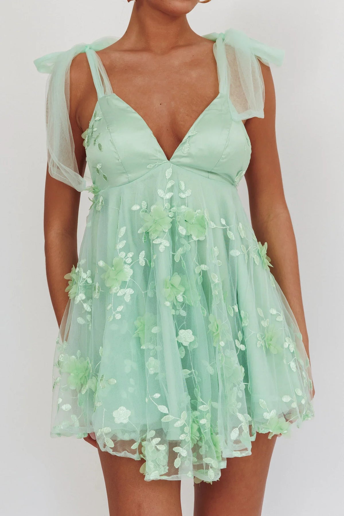 Chantilly Tied Shoulder Mini Dress Sage