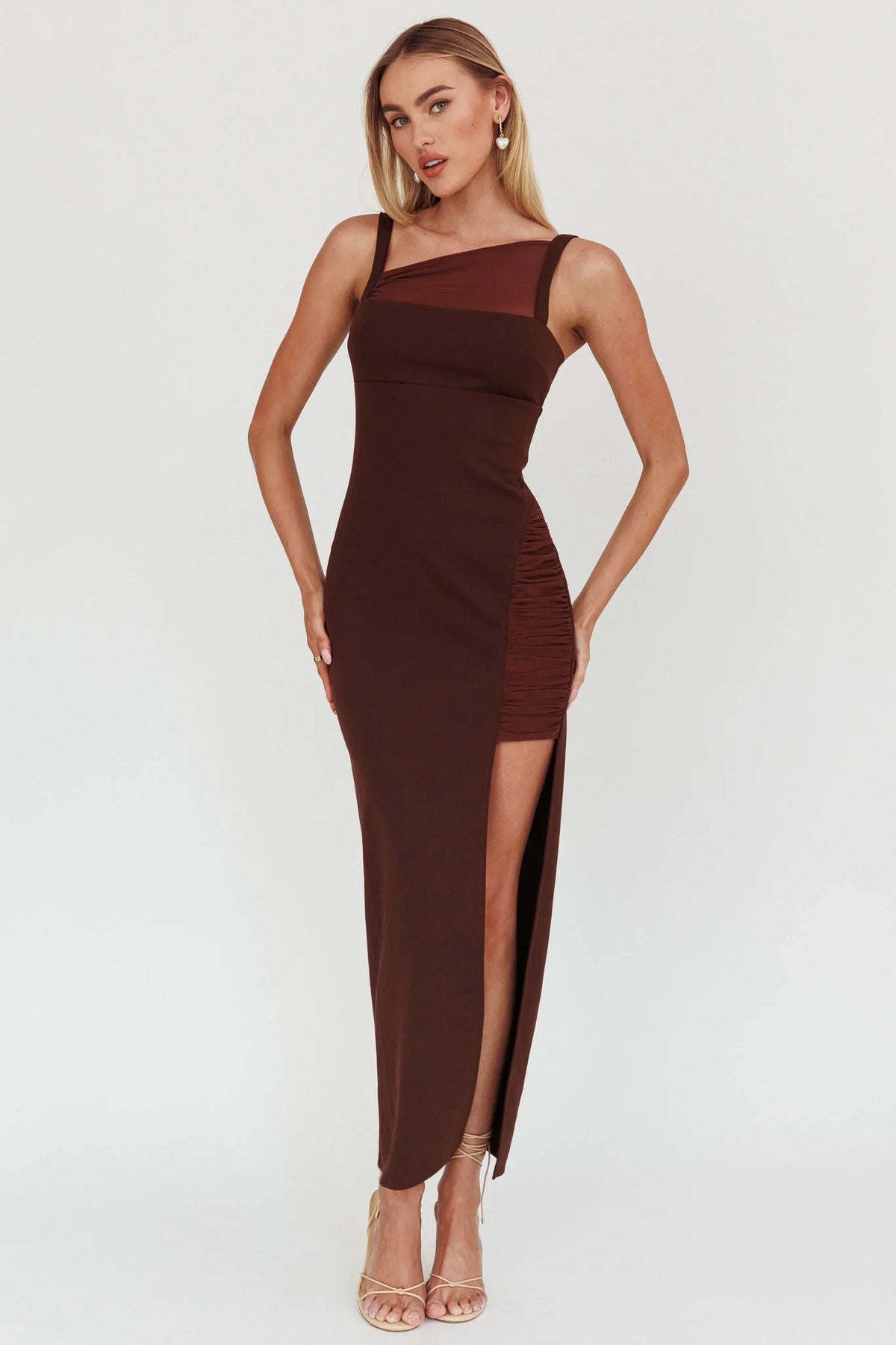 Zenya Split Ruched Maxi Dress Chocolate