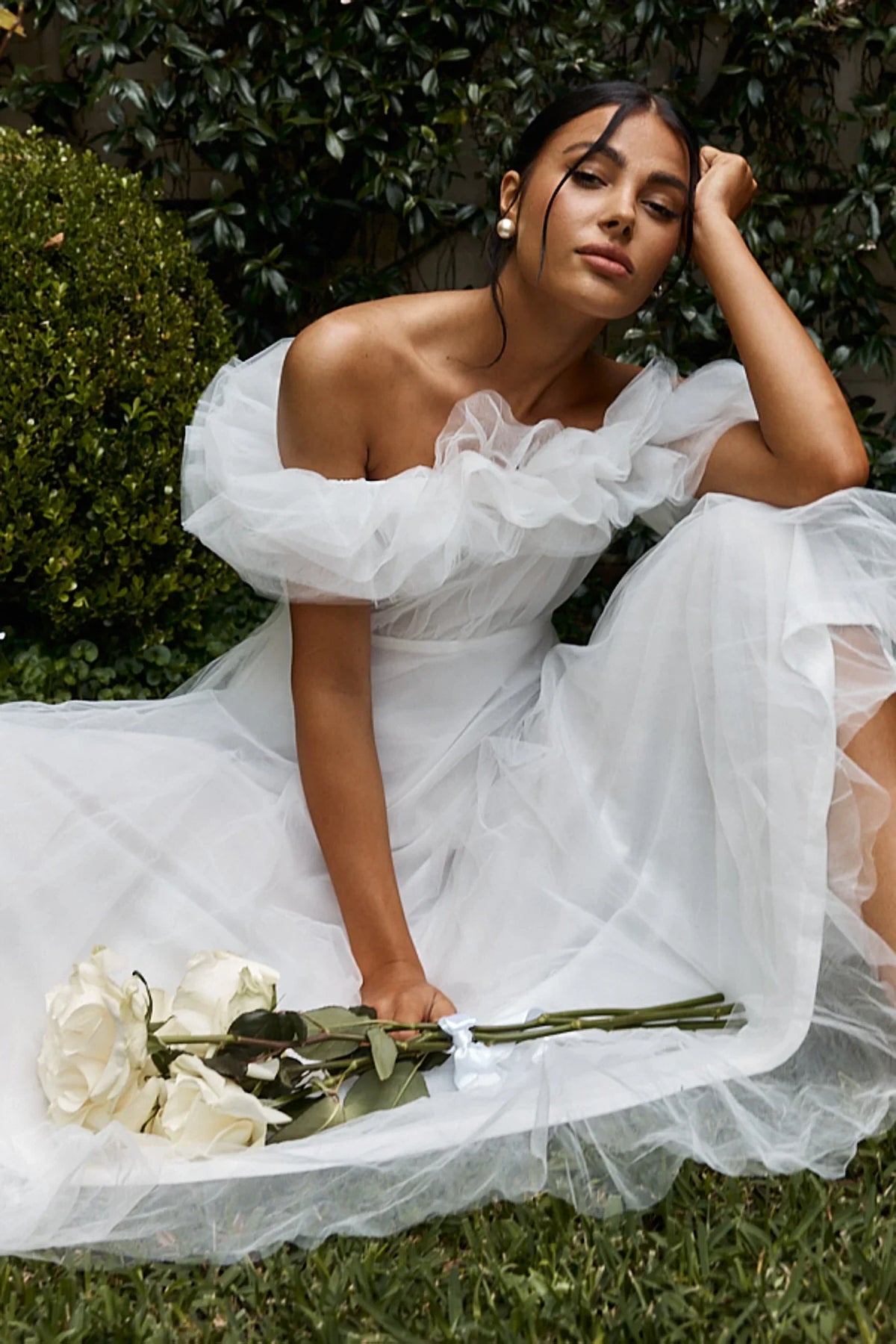May Rose Off-Shoulder Tulle Midi Dress Off White
