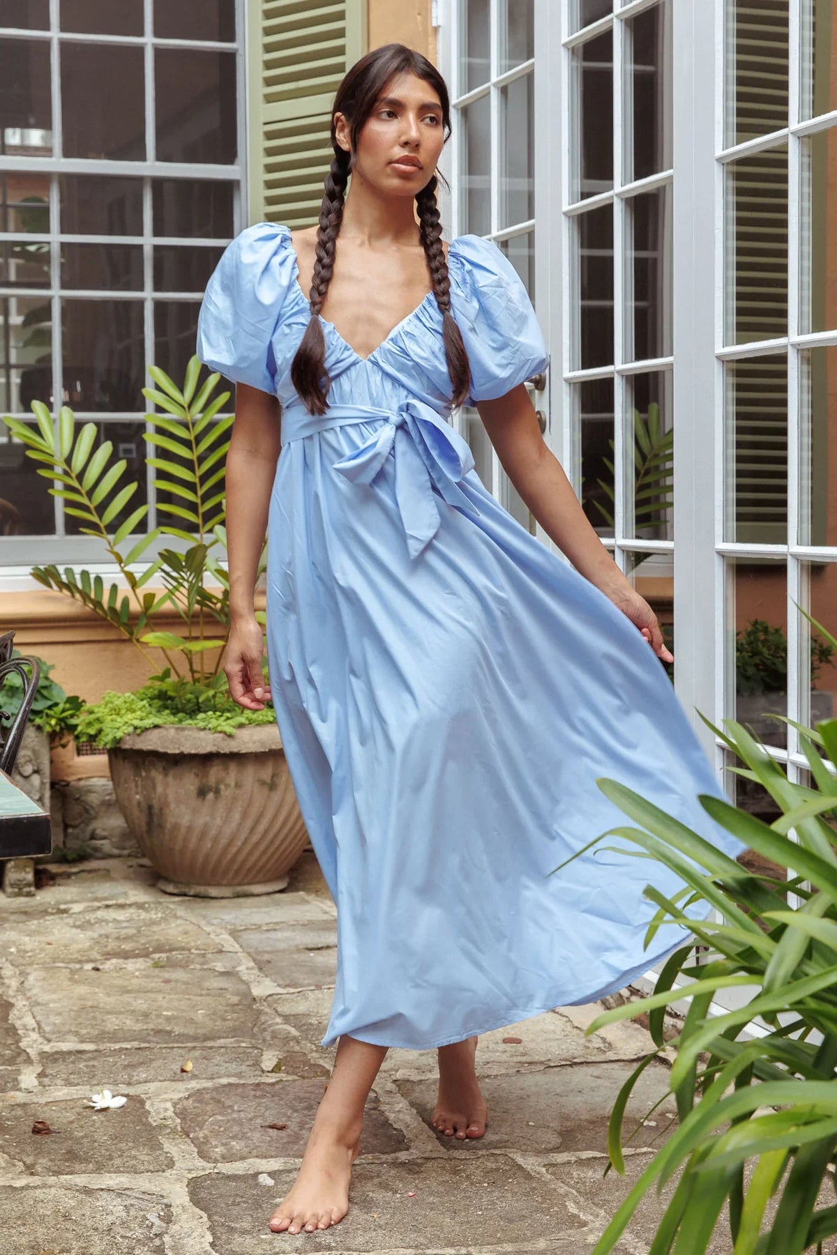 Mayflower Puff Sleeve Waist Tie Midi Dress Blue