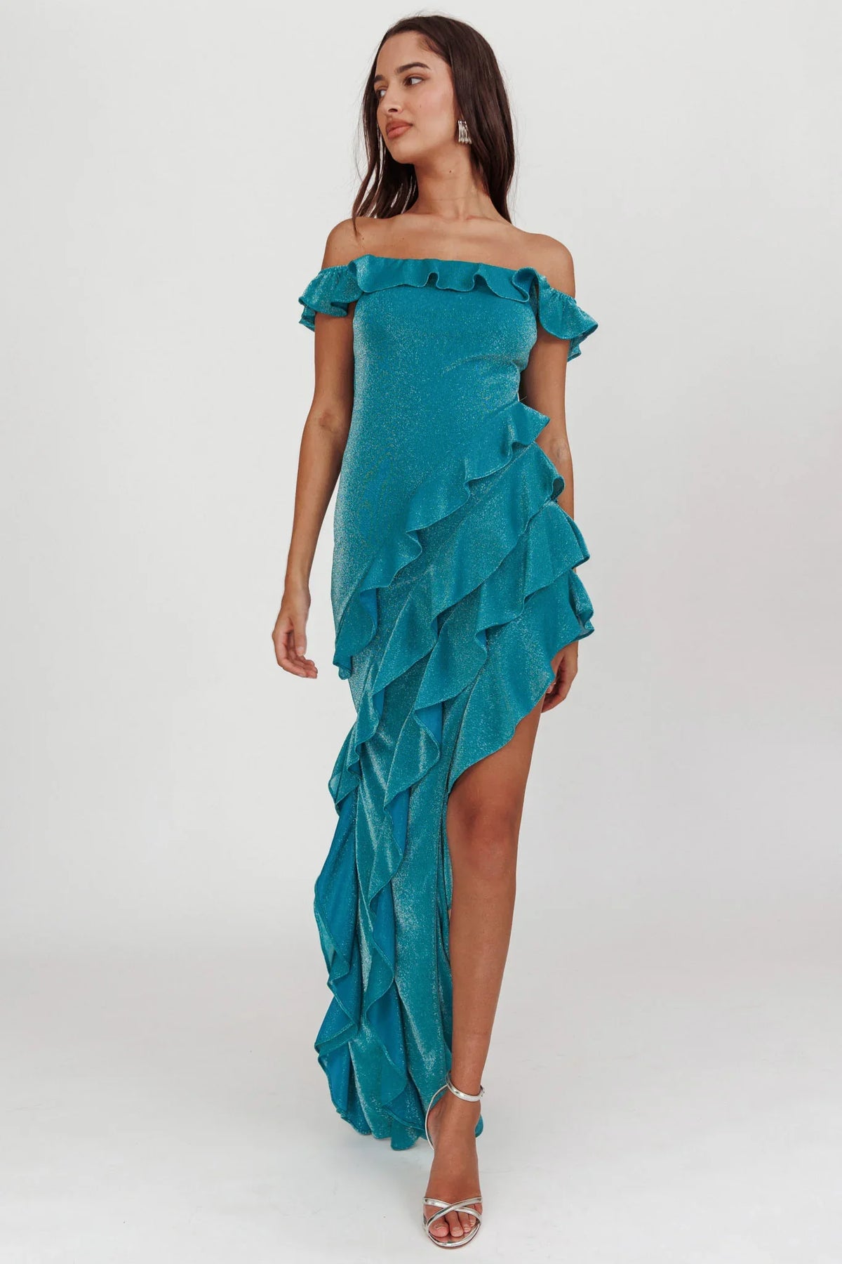 So Into You Off Shoulder Glitter Ruffle Dress Jade