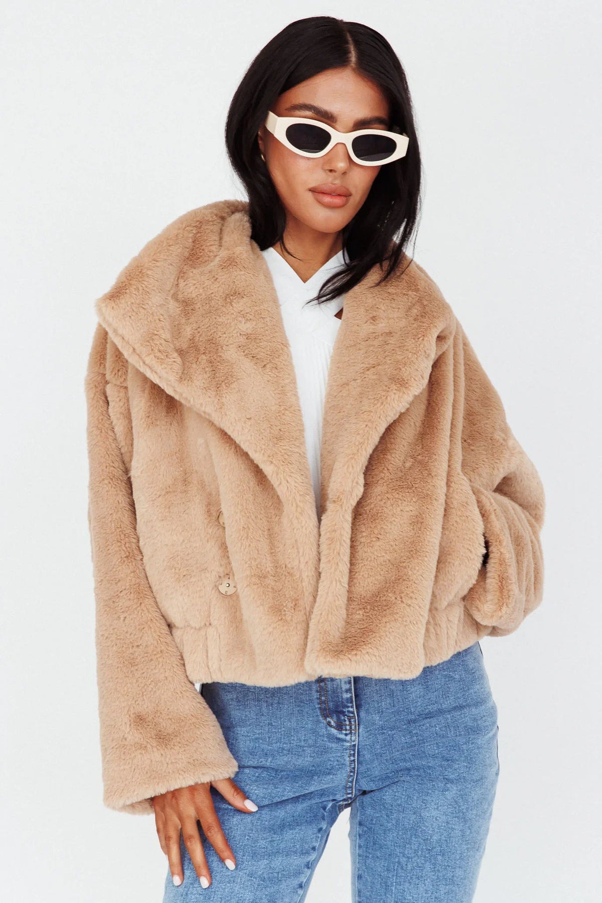 Yaro Long Sleeve Faux Fur Jacket Camel