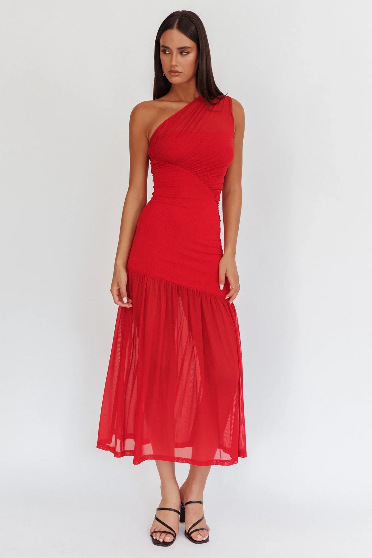 Passion One-Shoulder Mesh Maxi Dress Red