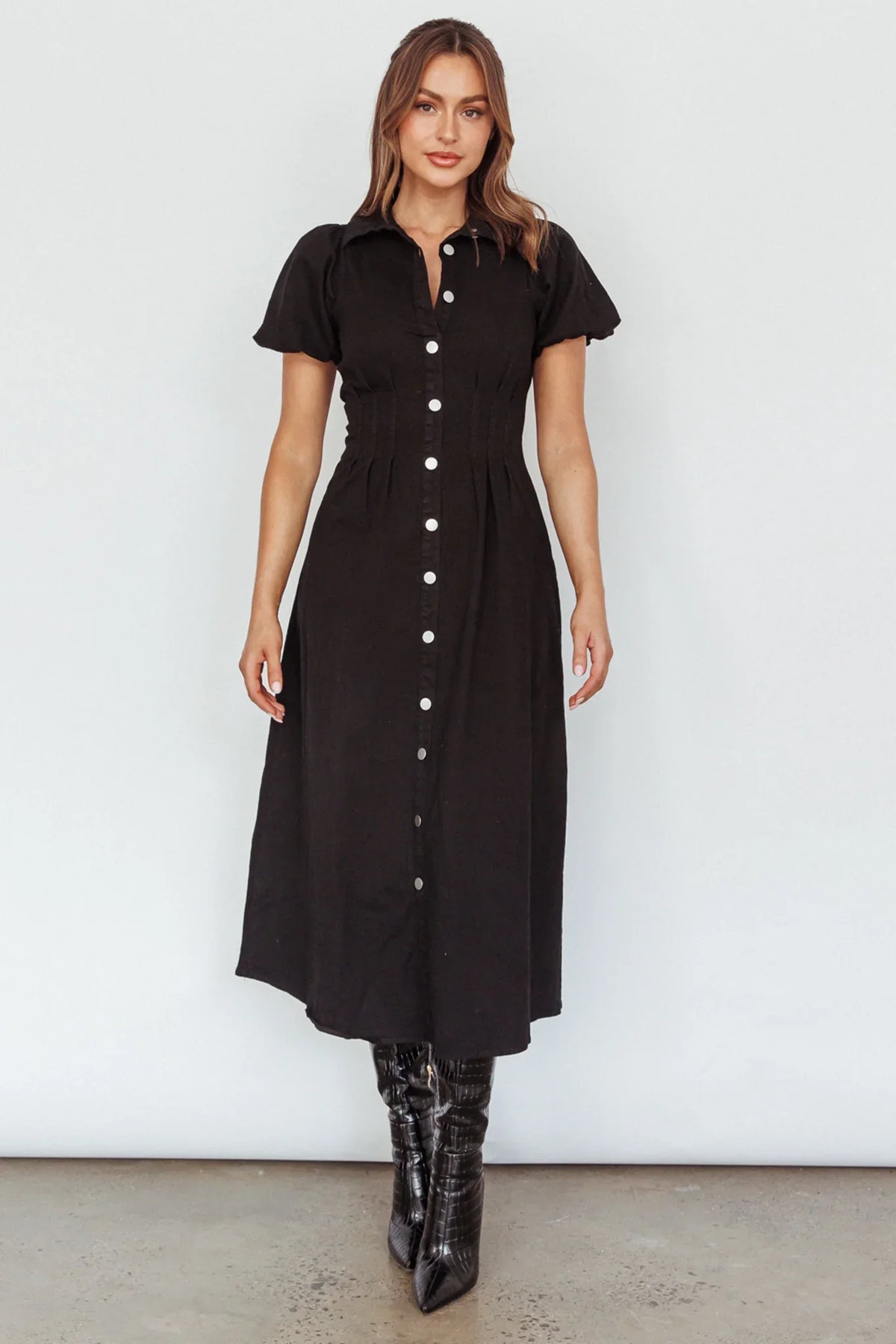 Zurich Pleated Waist Midi Dress Black