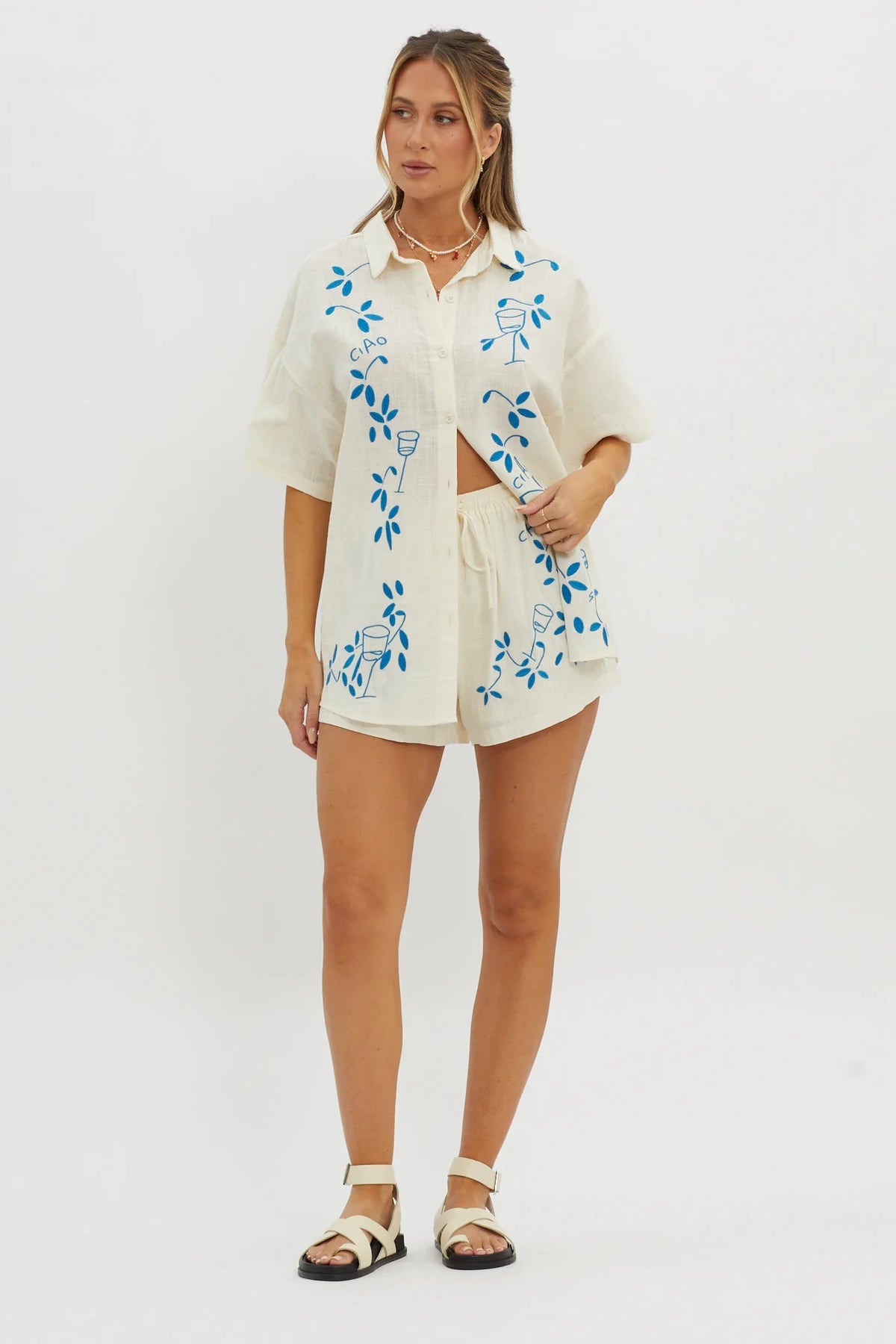 Ciao Ciao Embroidered Button-Up Shirt Beige