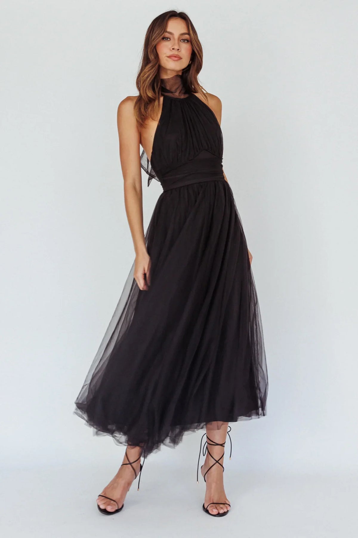 Andria Halterneck Tulle Midi Dress Black