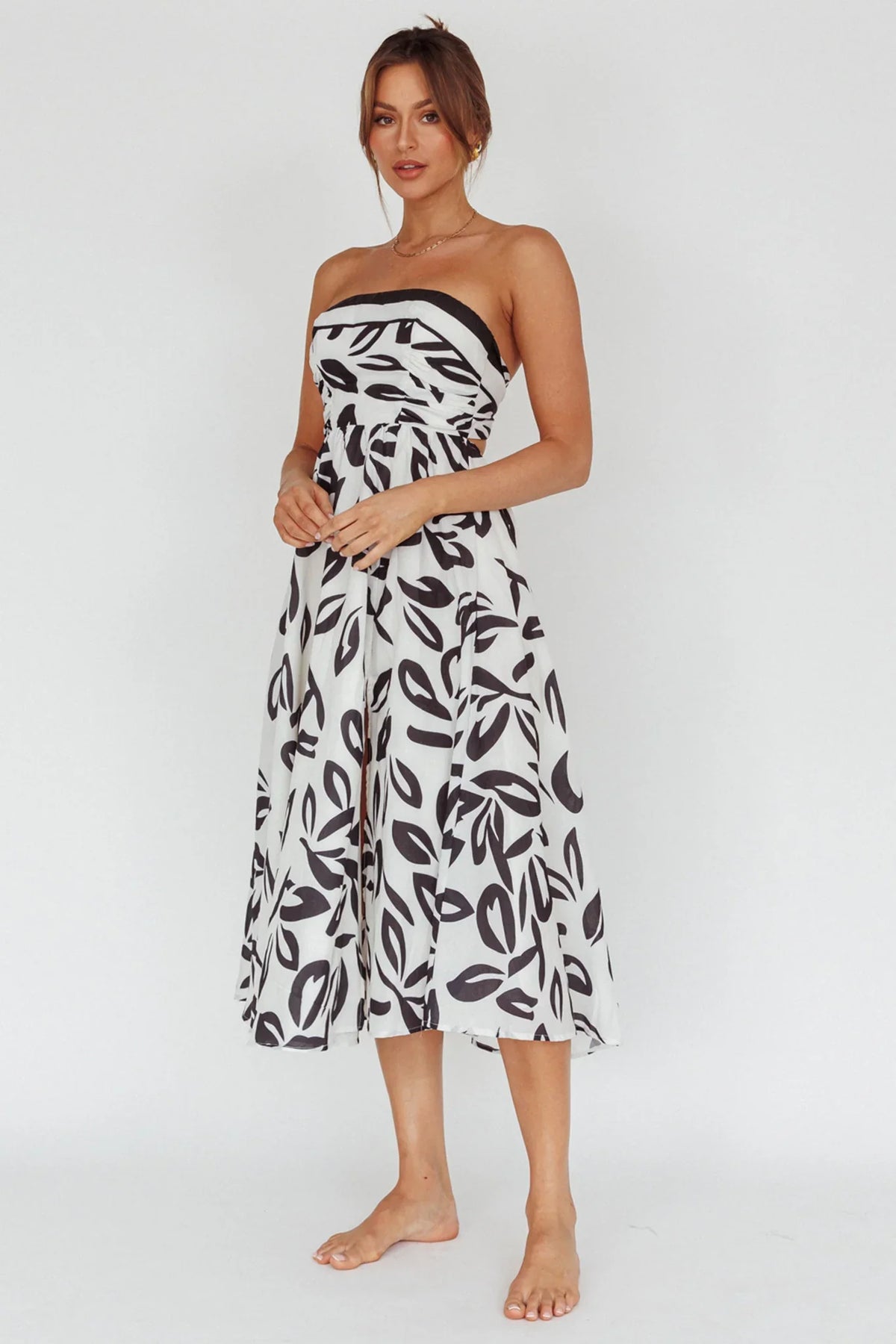 Randi Tie-Back Maxi Dress Leaf Print Beige