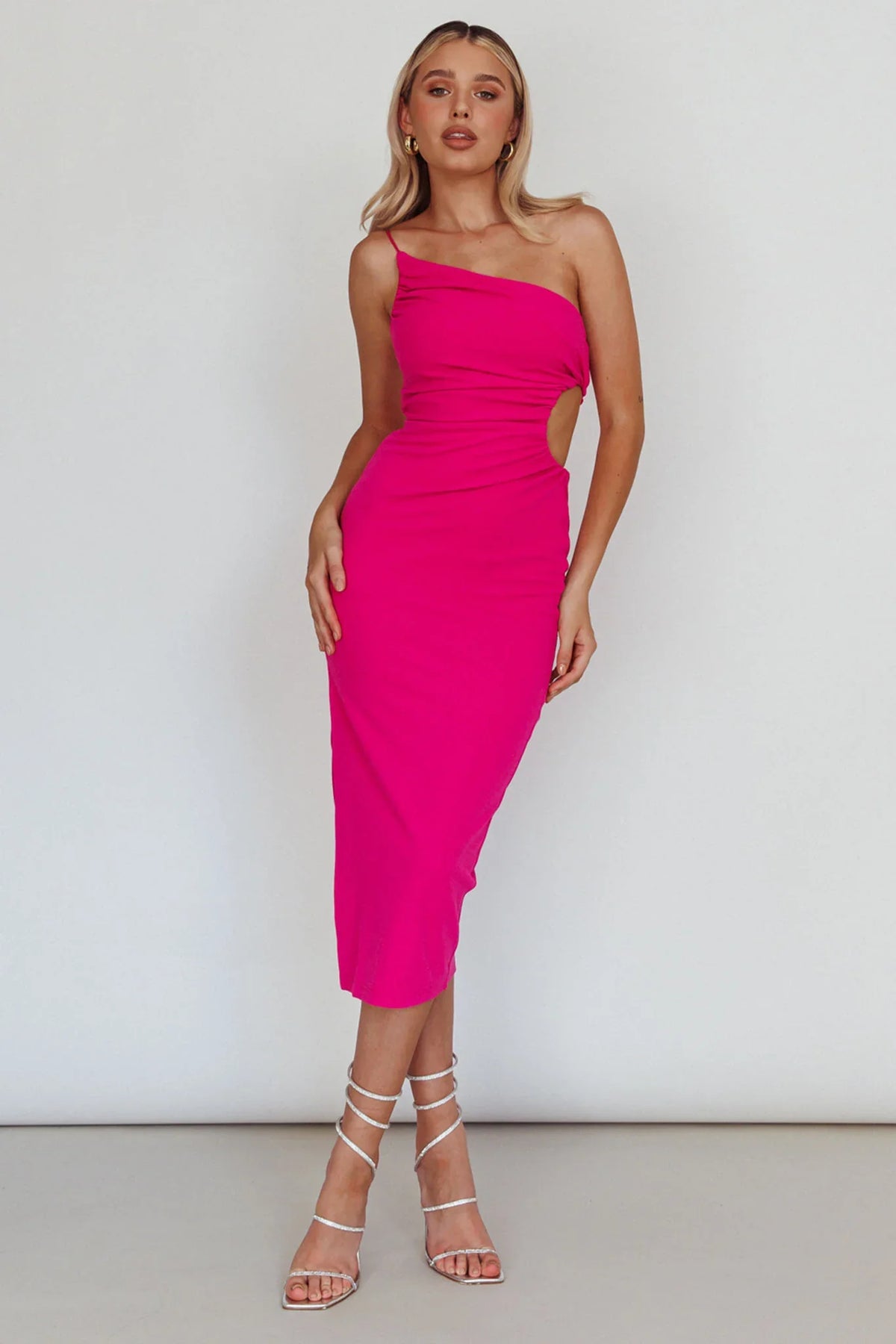Taking Bets One Shoulder Cut-Out Midi Dress Hot Pink