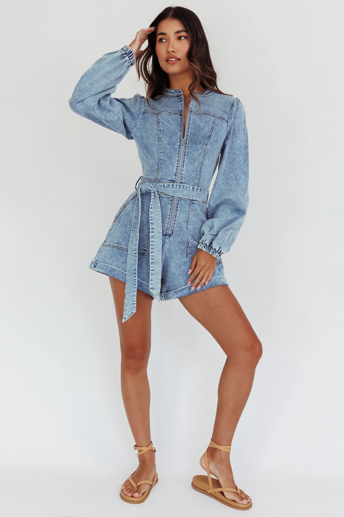 Real World Zip Front Romper Denim Blue