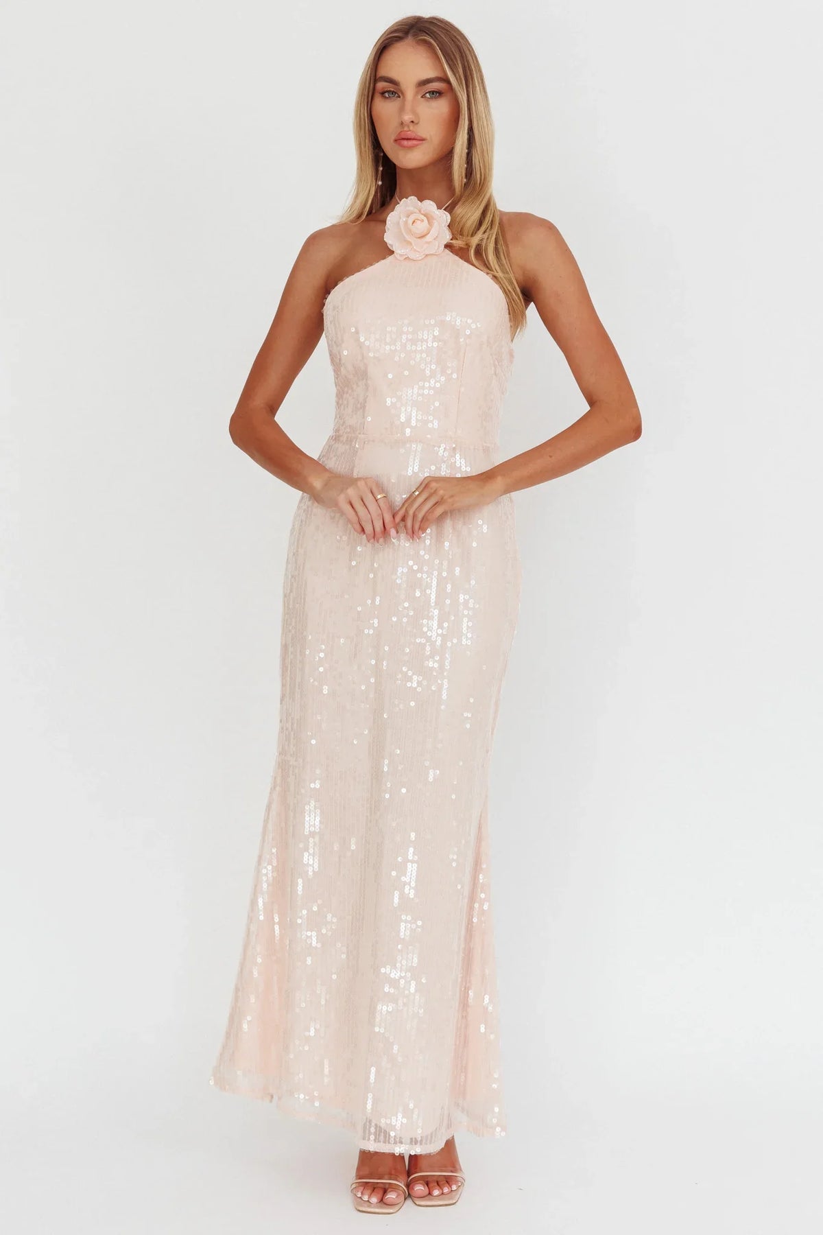 High Roller Flower Decoration Halter Dress Sequin Pink