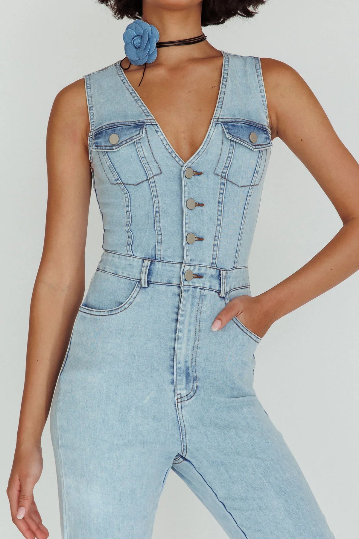 Jazelle Button Front Jumpsuit Washed Blue