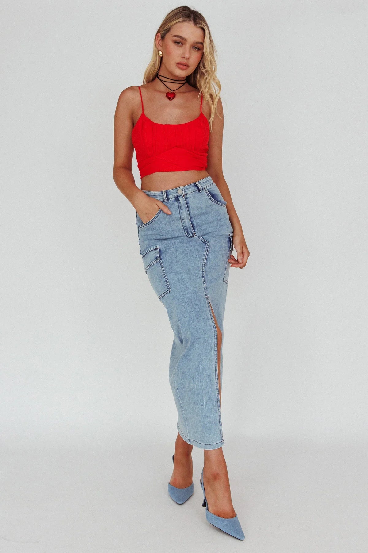Linka Cami Strap Crop Top Red
