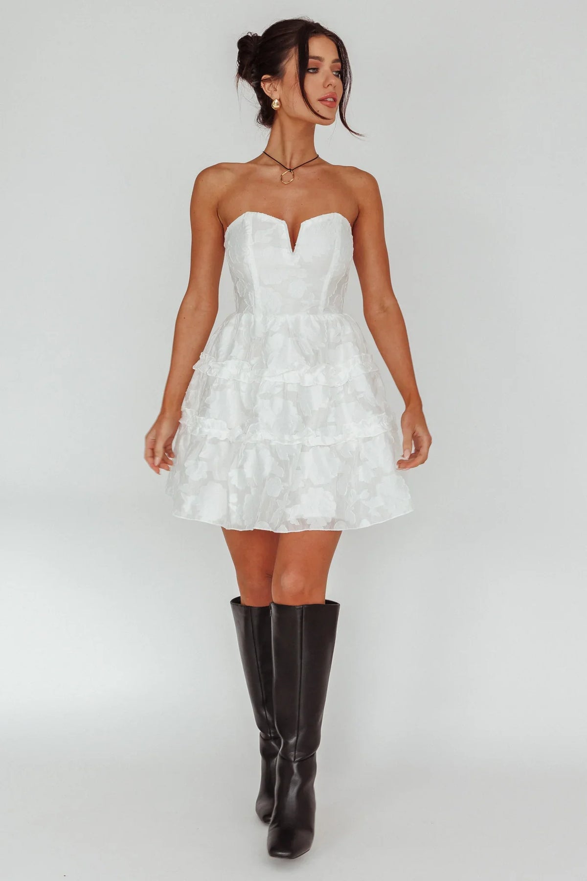 Demi Frill Trim Strapless Dress White