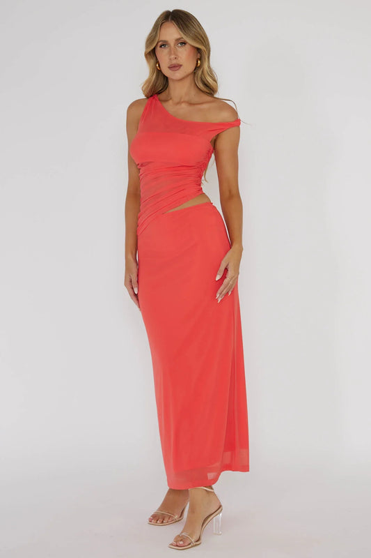 Lorely Ruched Bodice Twist Strap Midi Dress Watermelon