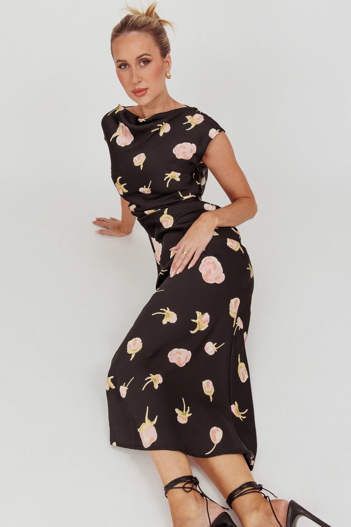 Loveland Floral Print Cowl Back Maxi Dress Oyster
