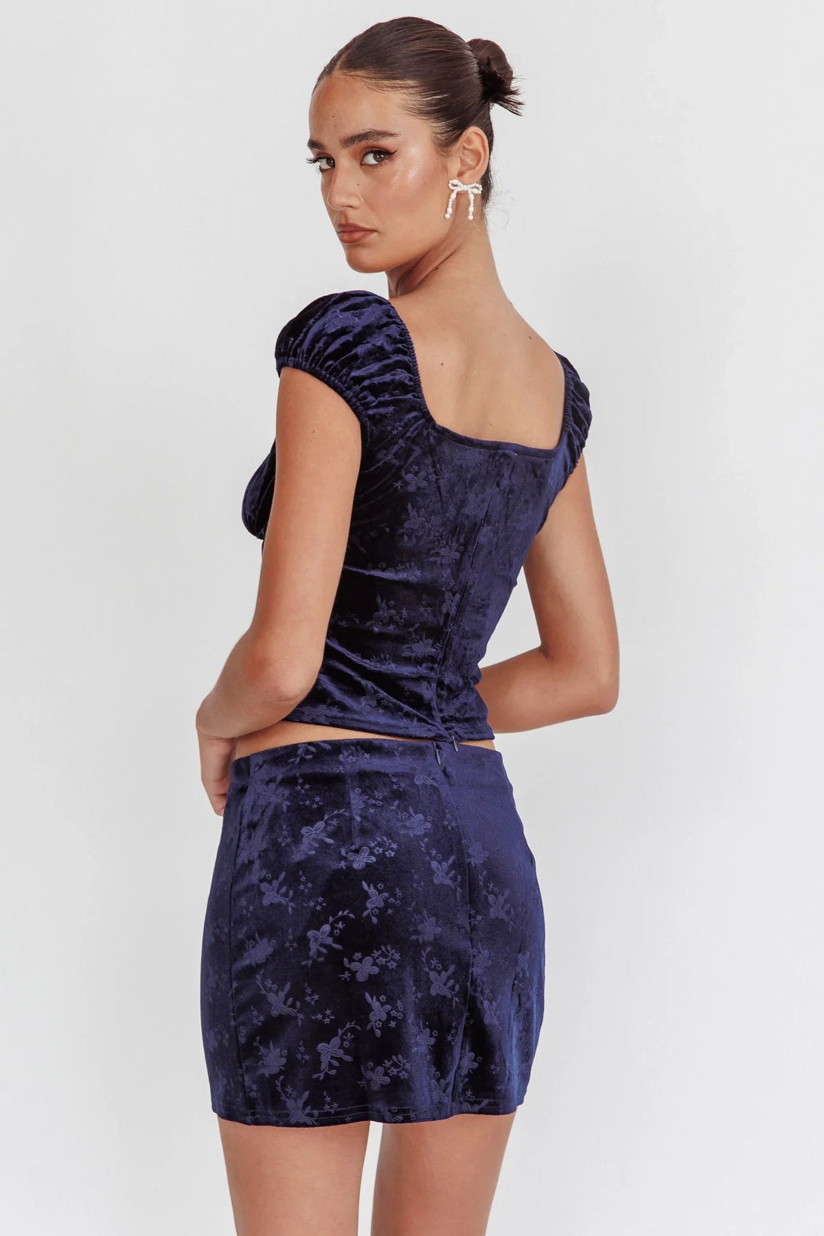 Good Luck Ribbon Trim Velvet Top Navy
