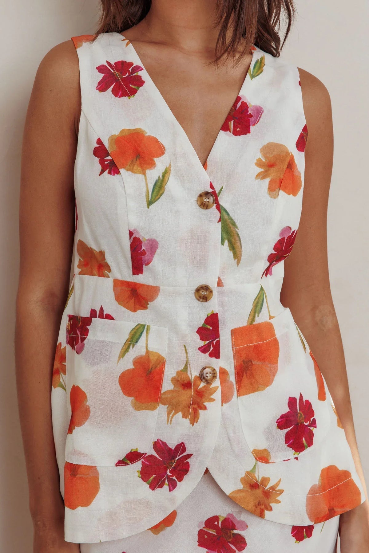 Philomena Button Front Pocket Vest Top Floral Orange Multi