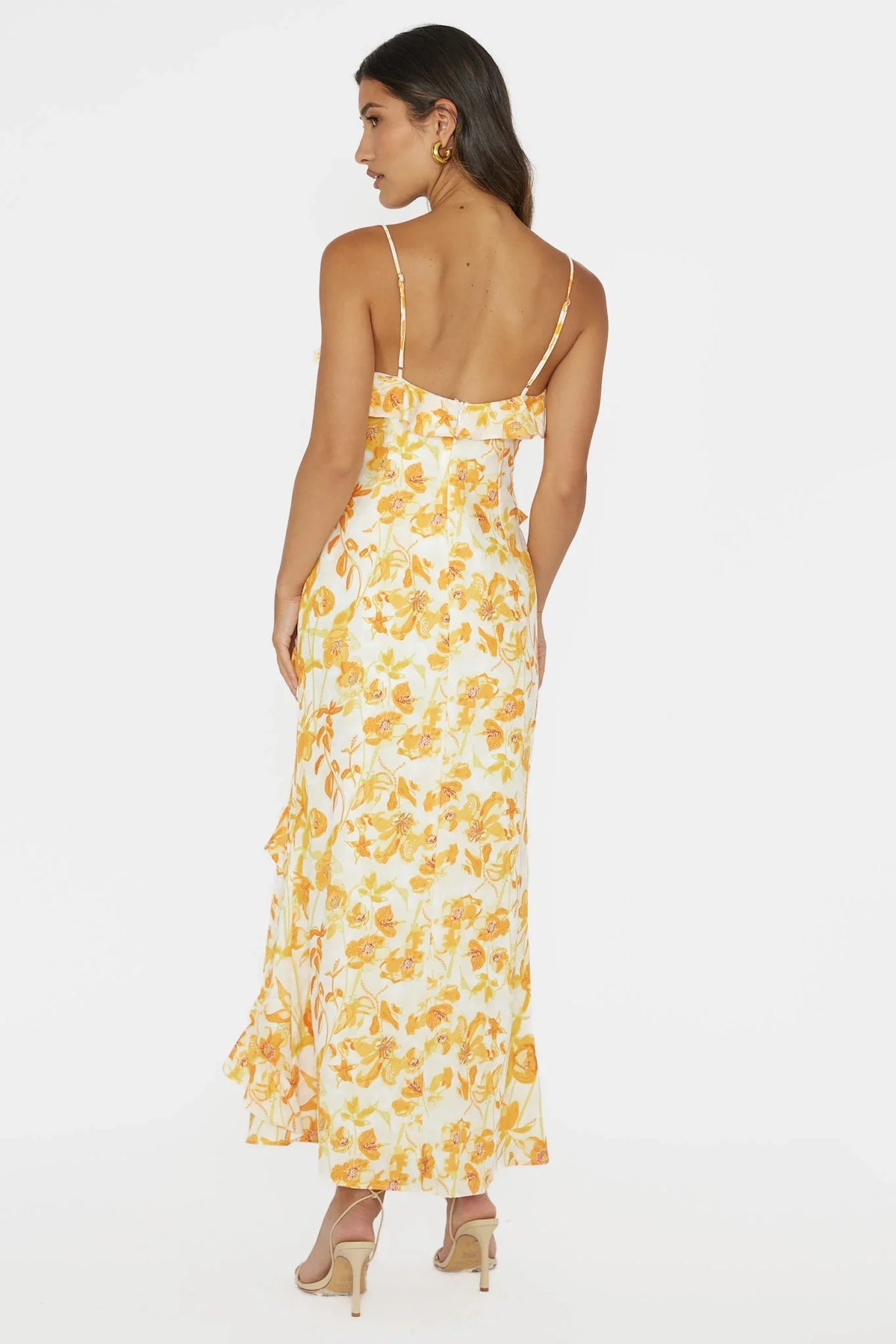 Silvana Frill Trim Midi Dress Floral Orange