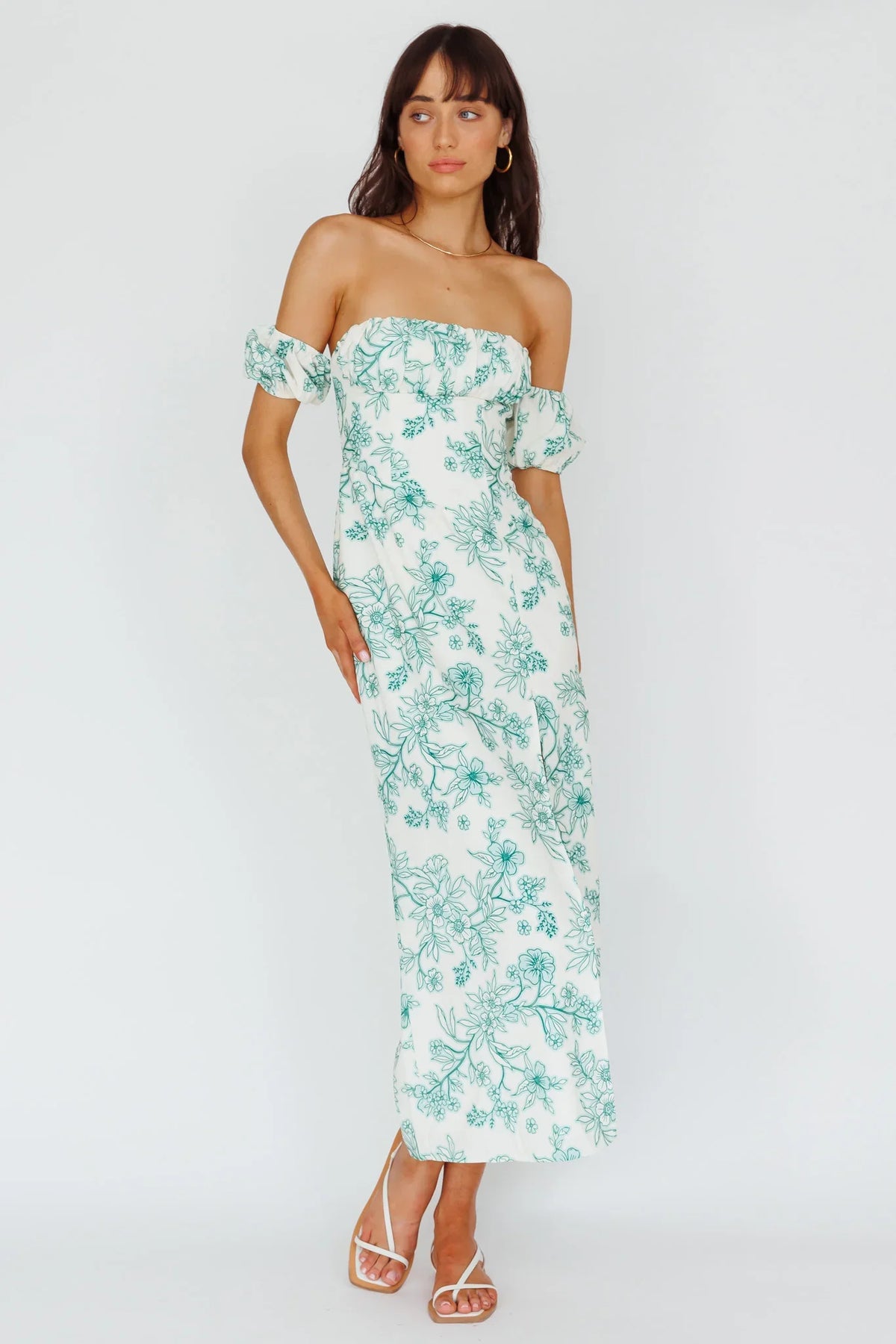 Olivier Off-Shoulder Midi Dress Floral Green