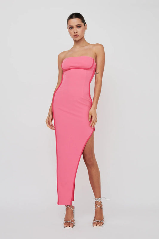 October Strapless Piping Midi Dress Hot Pink