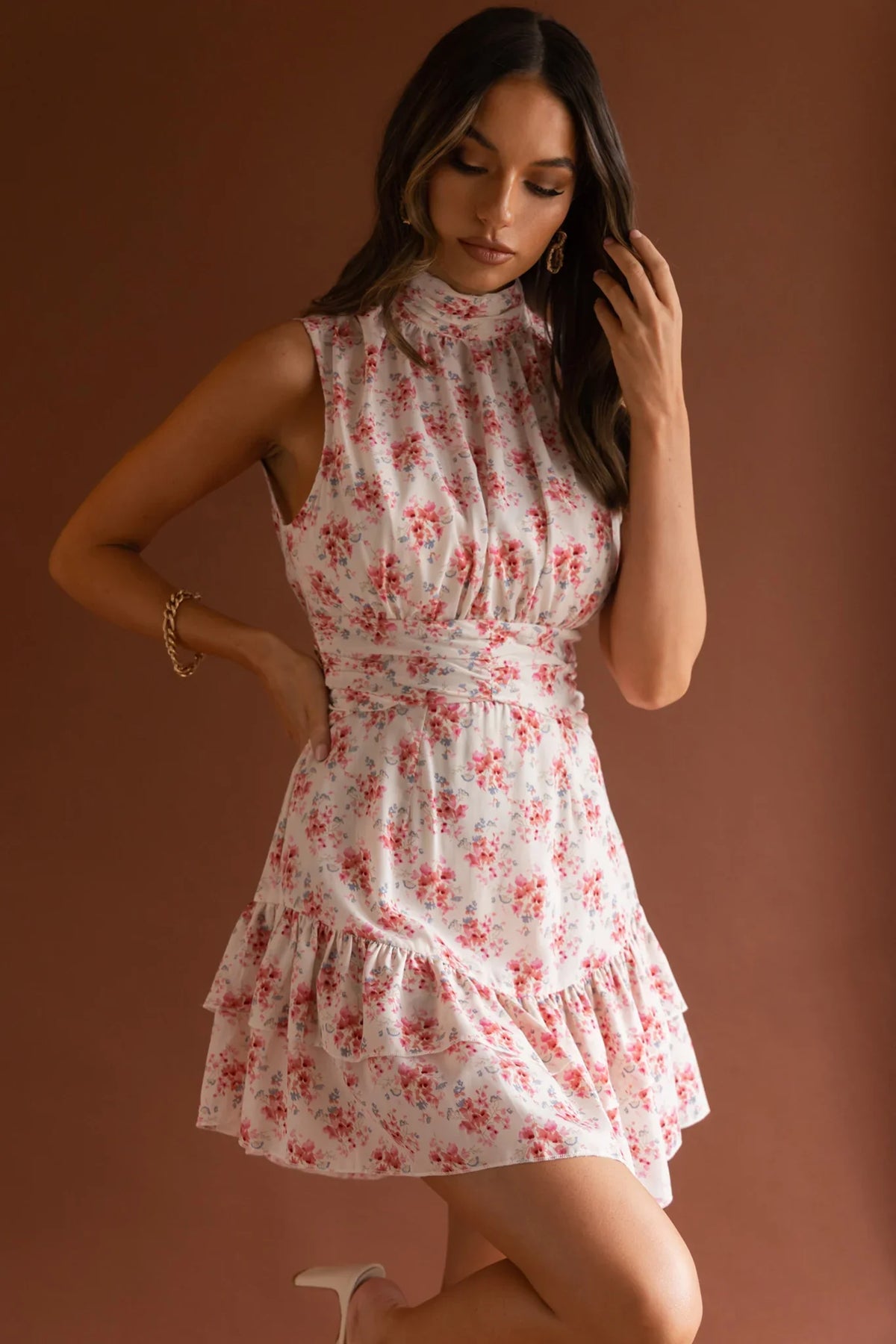 Mandalay High Neck Sleeveless Waistband Dress Vintage Floral Pink