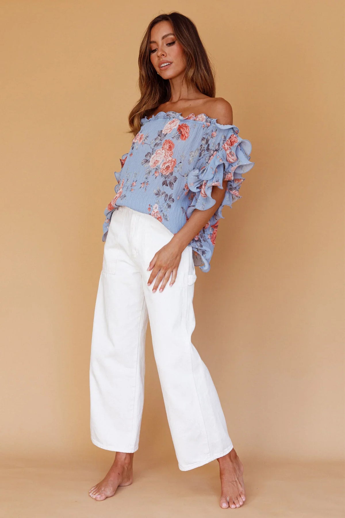 Miranda Off-Shoulder Ruffle Sleeve Top Floral Print Blue