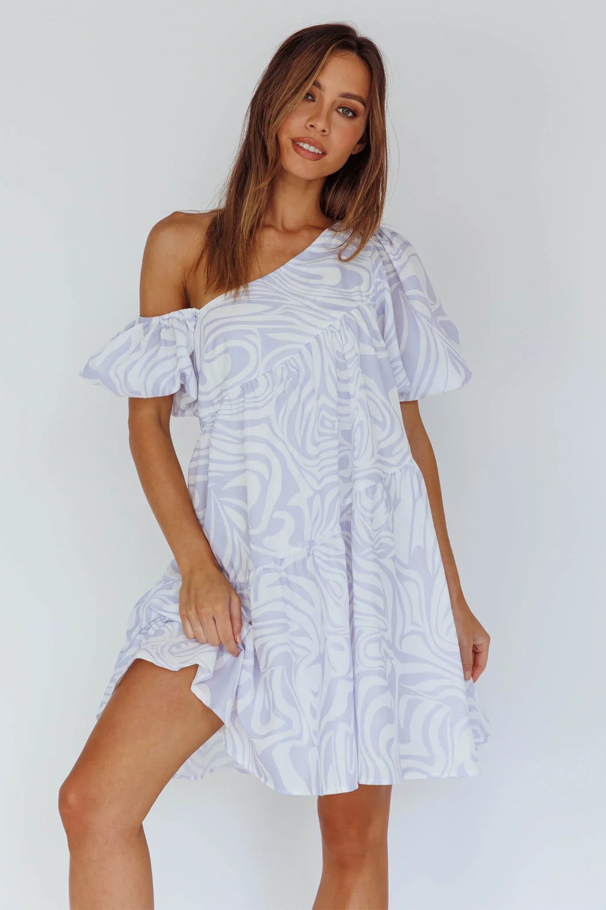 Villa Puff Sleeve One-Shoulder Dress Blue