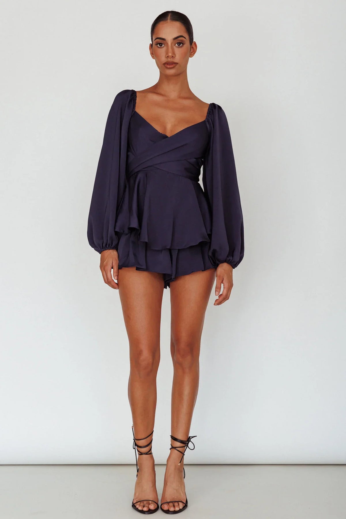 It's Complicated Long Sleeve Flounce Romper Navy