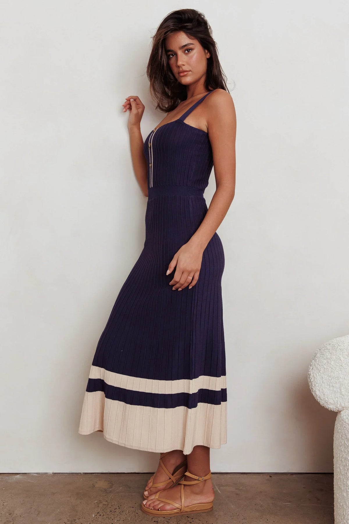 Cayla Contrast Ribbed Knit Maxi Dress Navy