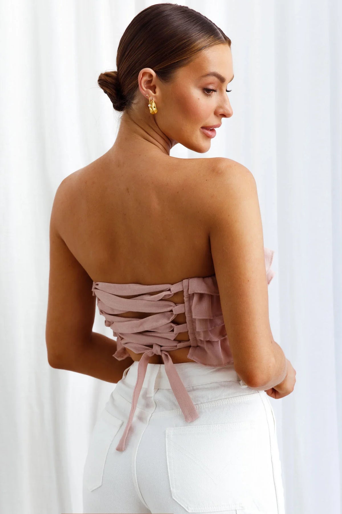 Talulah Layered Ruffle Lace-Up Back Crop Top Blush