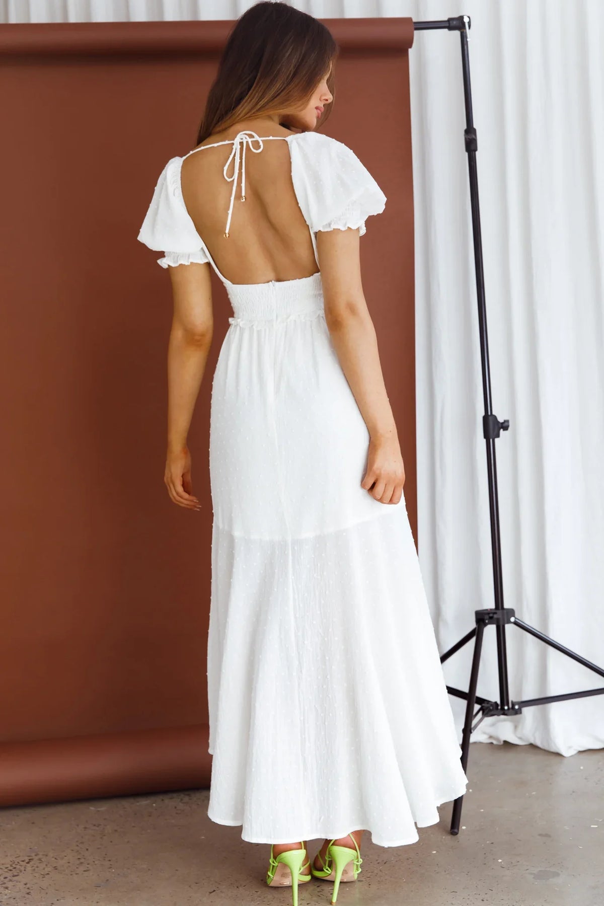 Summer In Paris Puff Sleeve Shirred Midi Dress White
