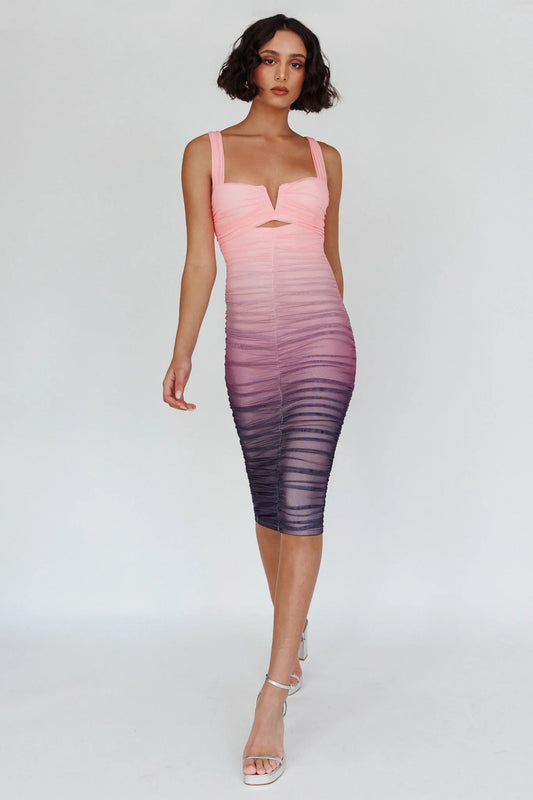 Nadia Ruched Midi Dress Gradient Pink