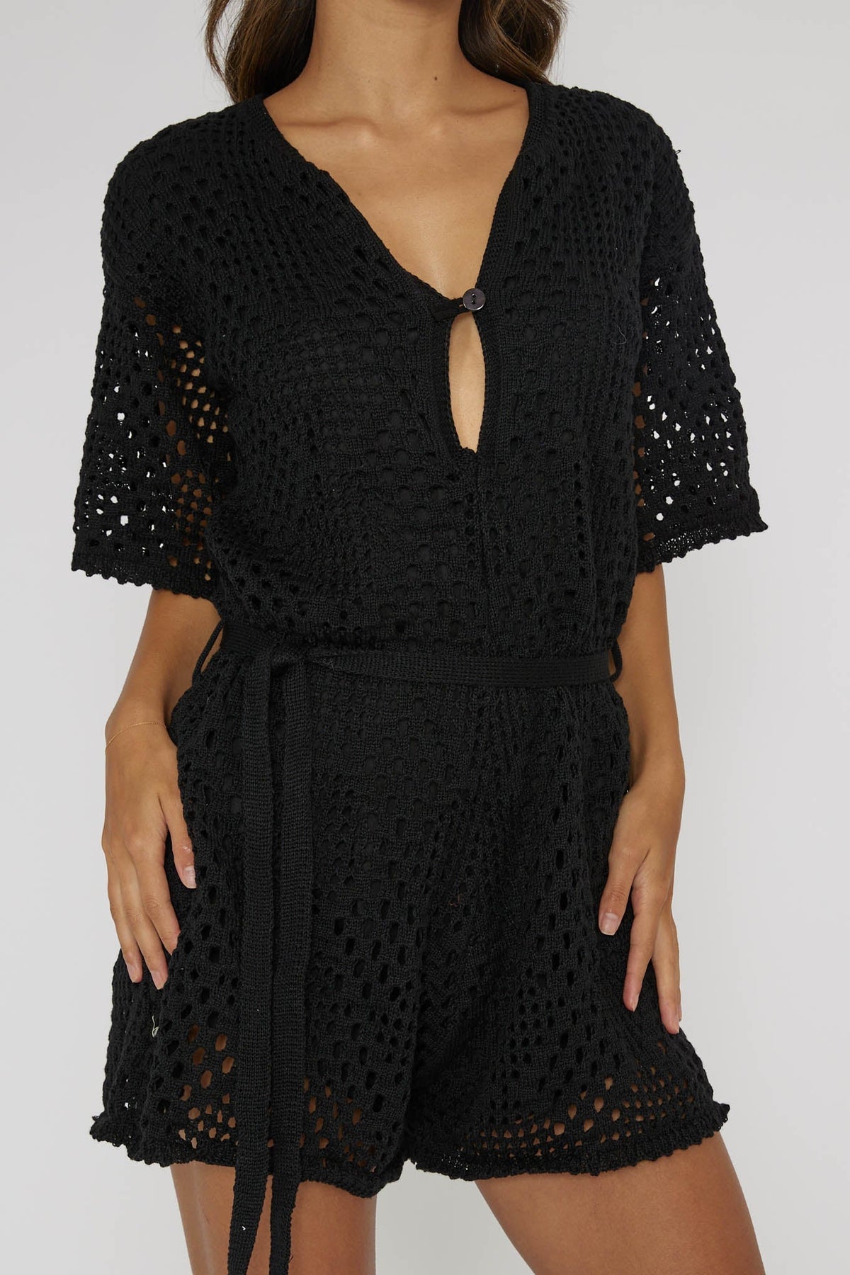 Asana Crochet Button Romper Black