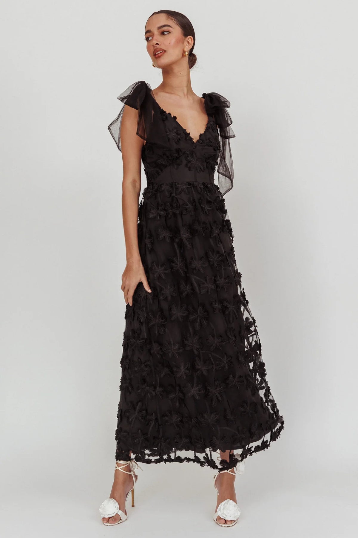 Mykonos Morning Tied Shoulder Tree Maxi Dress Black