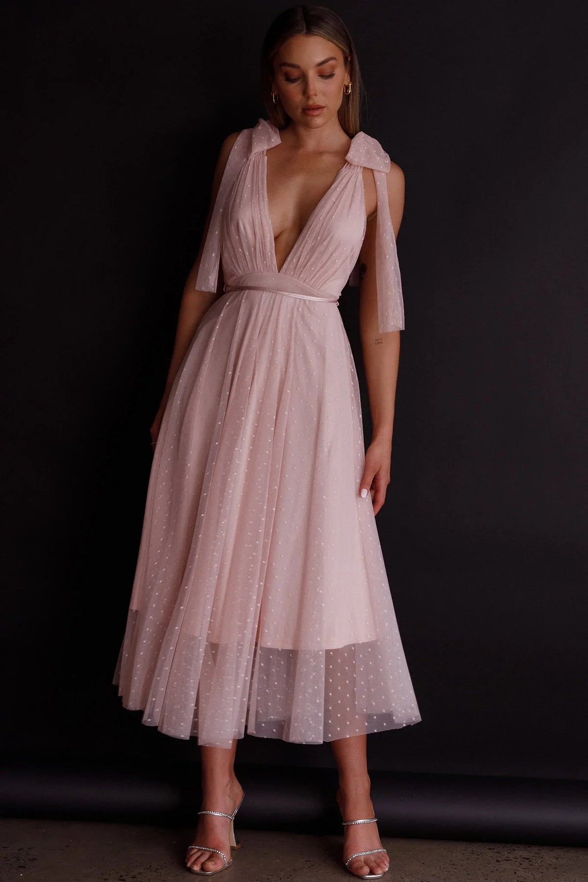 Kathryn Tied Shoulder Mesh Midi Dress Blush