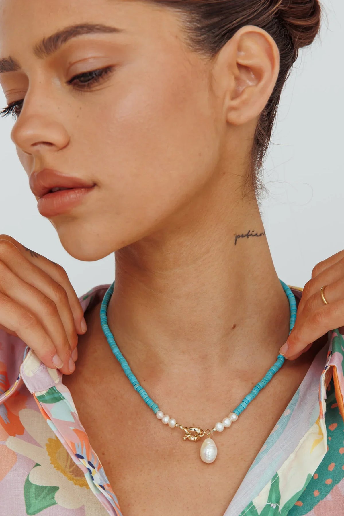 Monaco Pearl Turquoise Bead Necklace Gold