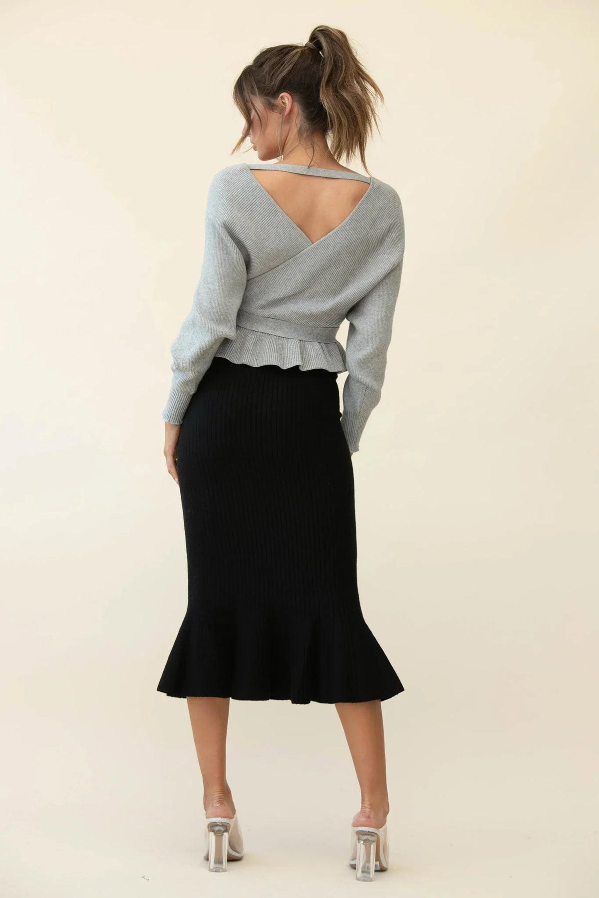 Shalon Ribbed Knit Fluted Hem Midi Skirt Antique Black