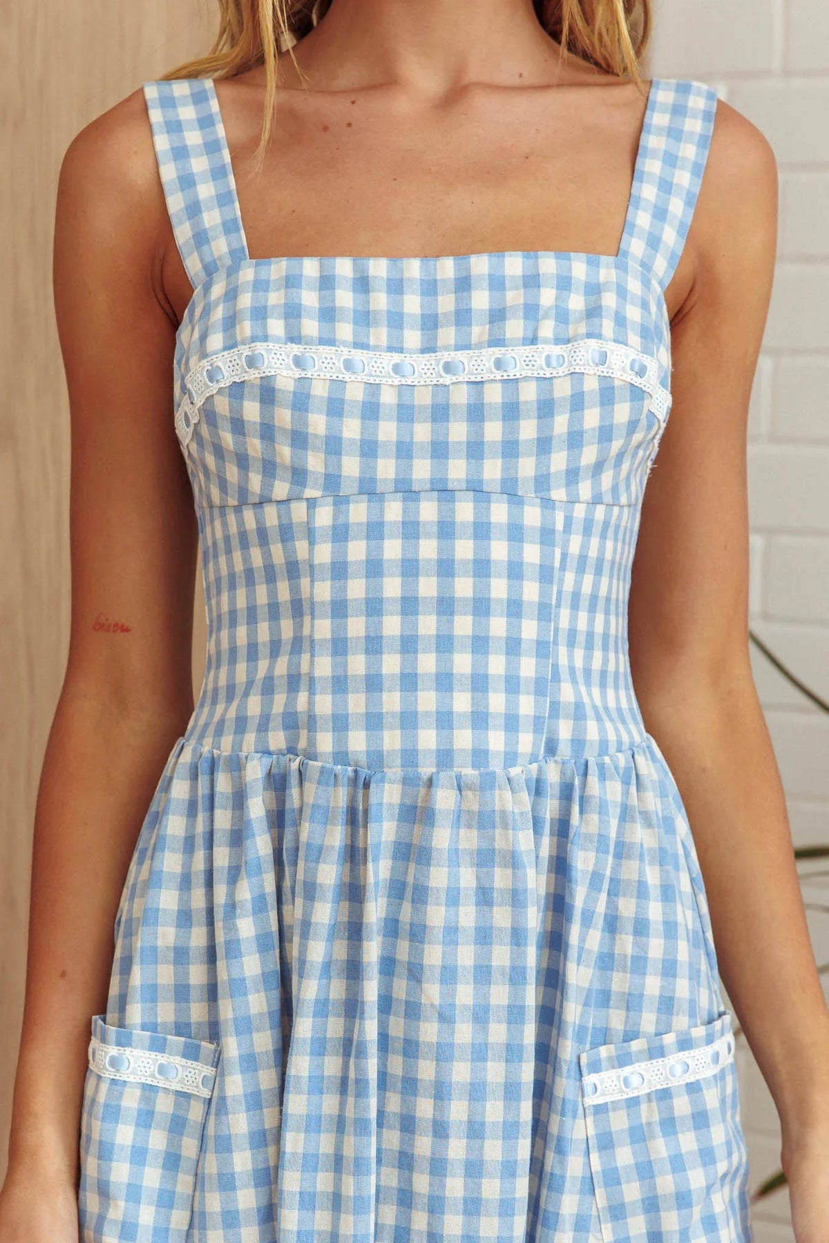 Elderflower Front Pocket Maxi Dress Gingham Baby Blue