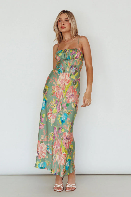 From Above V-Back Midi Dress Floral Green