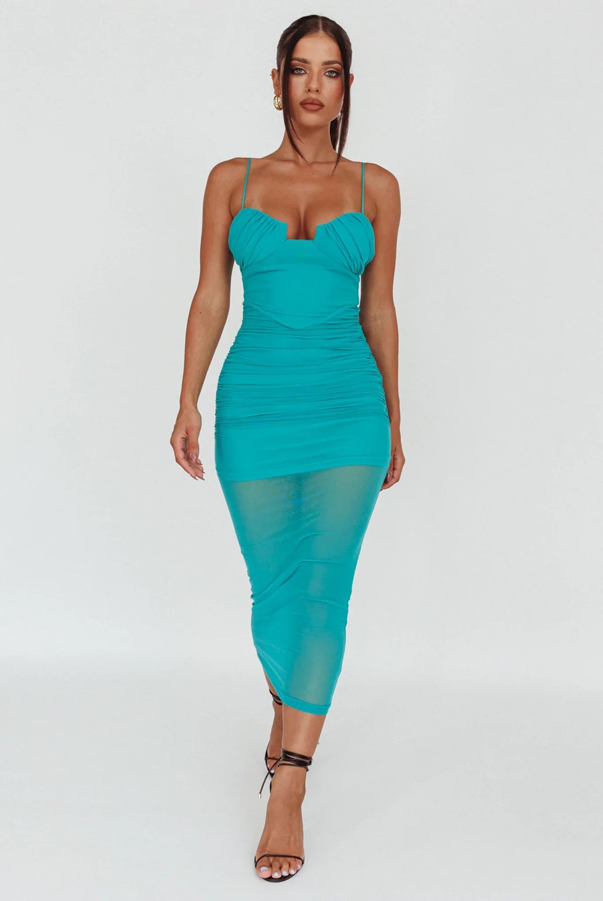 Jahzel Ruched Mesh Midi Dress Green