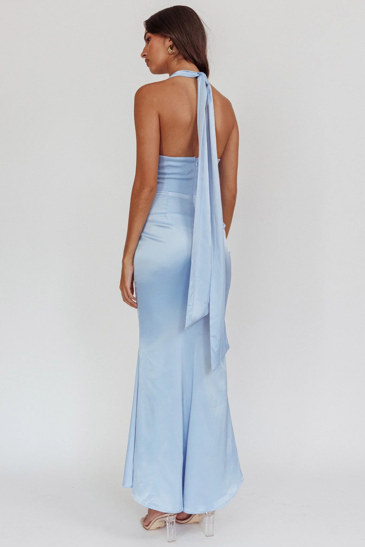 Italia Azure Pleat Bodice Halterneck Maxi Dress Light Blue