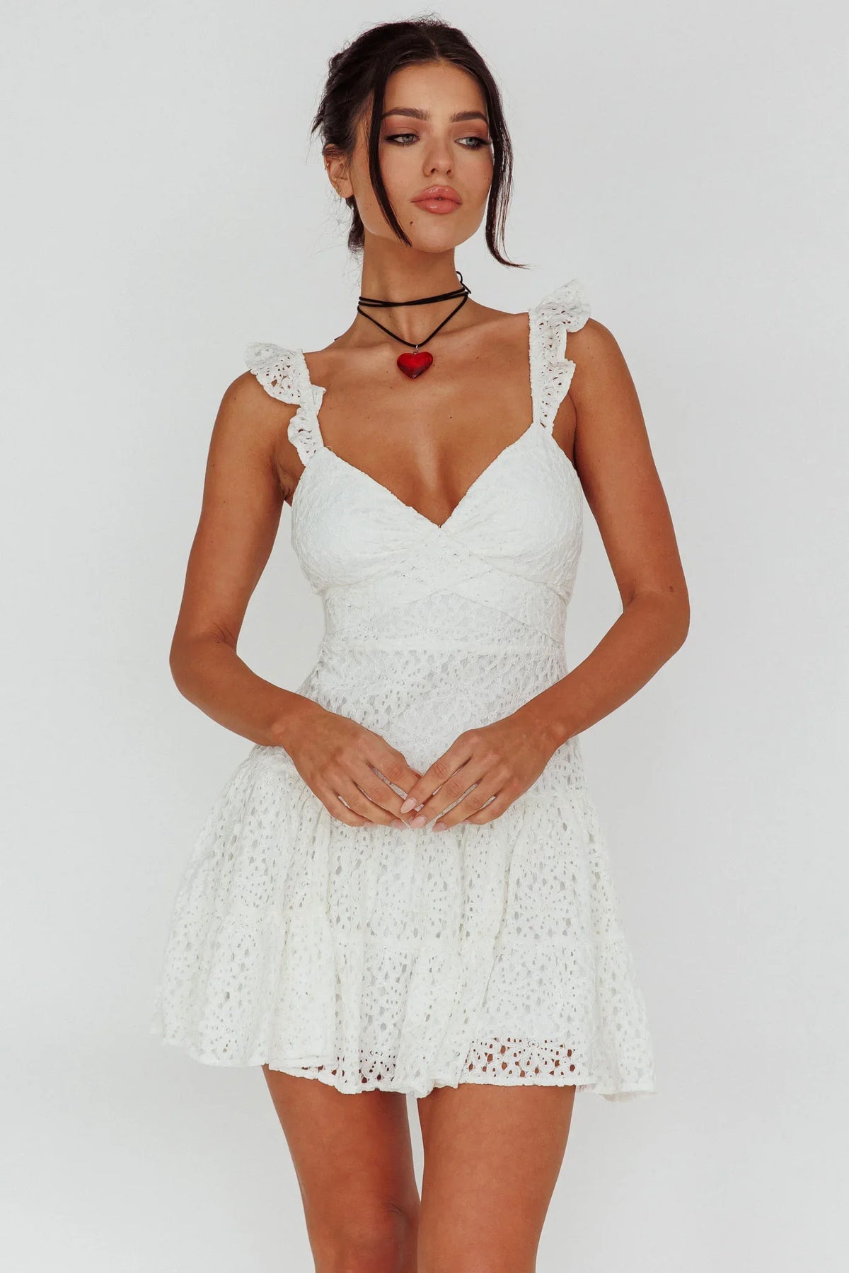 Short Notice Ruffle Strap Lace Mini Dress White