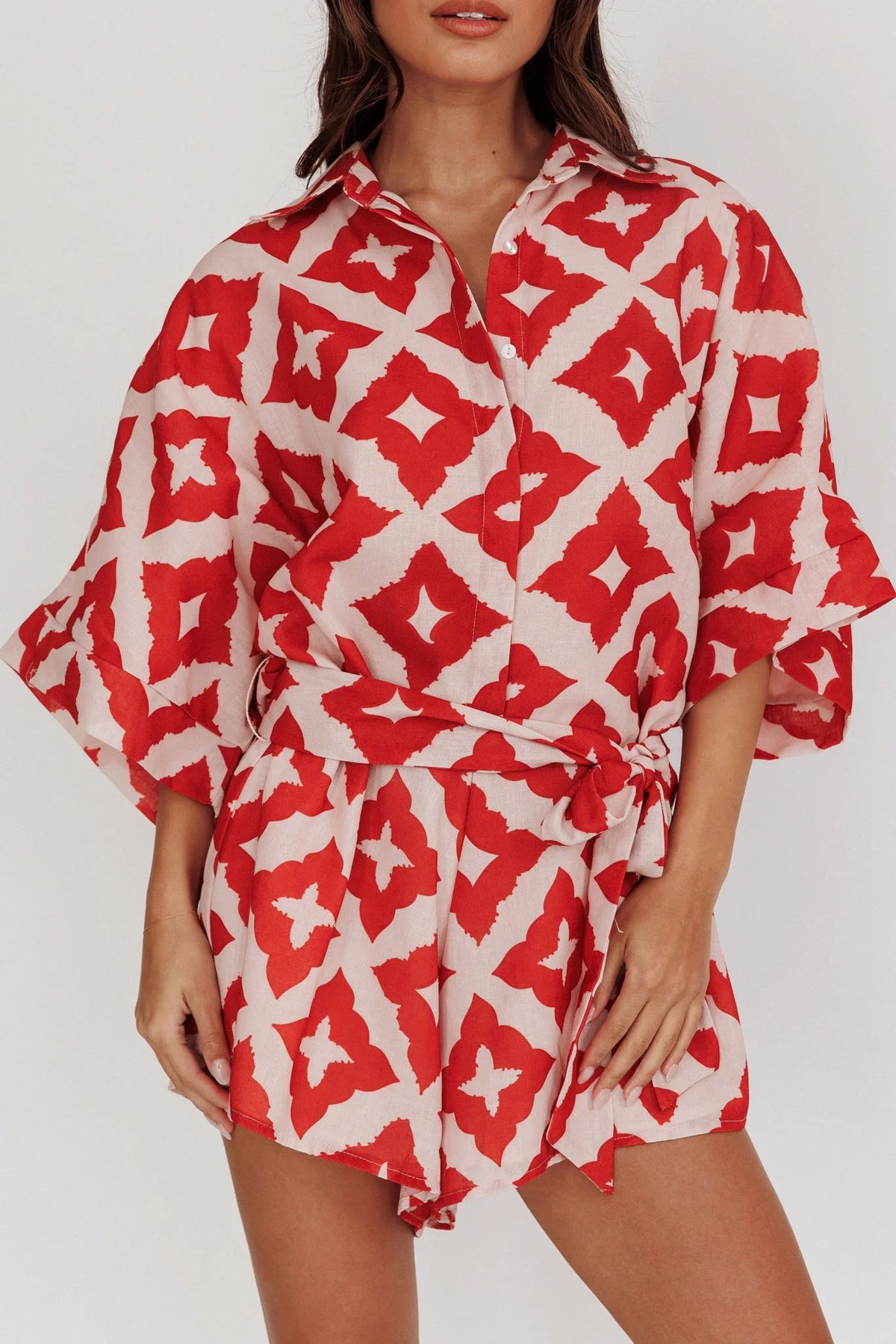 Daytona Beach Button-Up Romper Print Burgundy