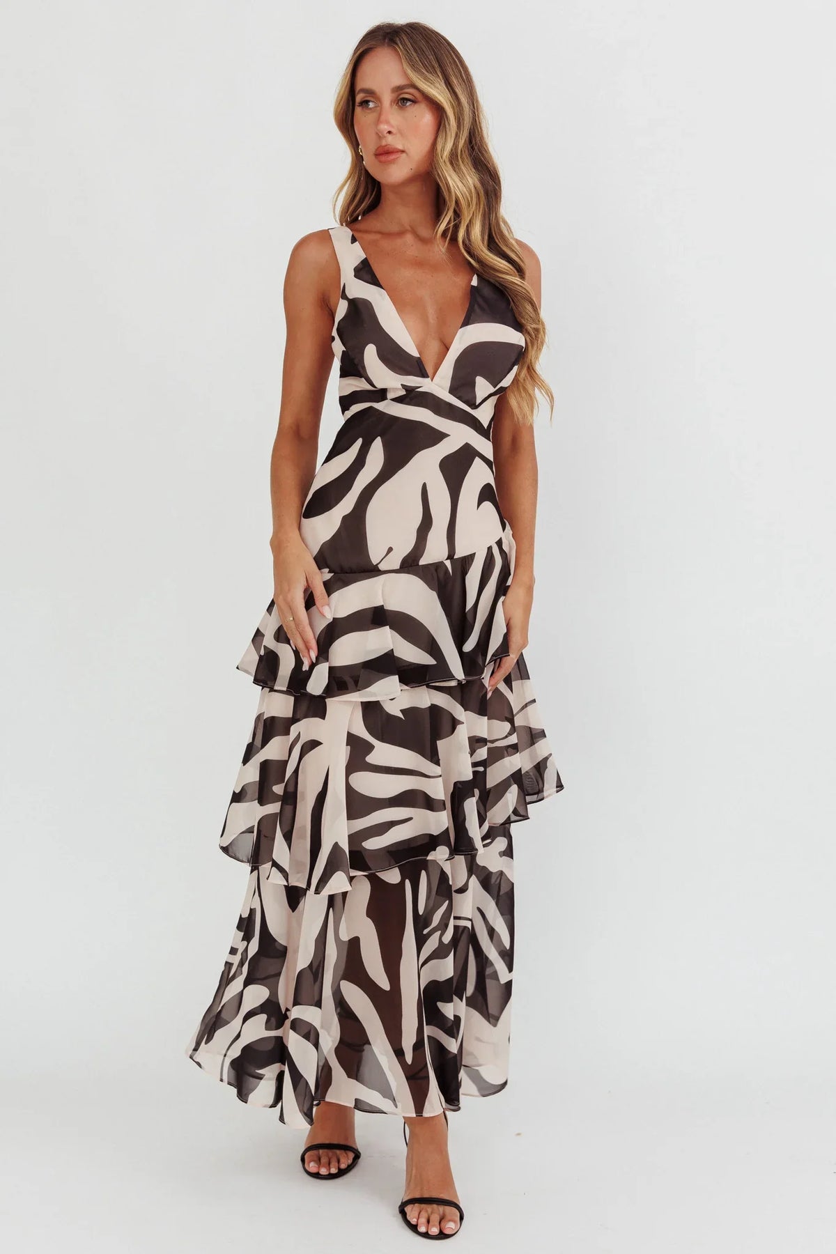 Veda Strappy Back Ruffle Maxi Dress Print Black
