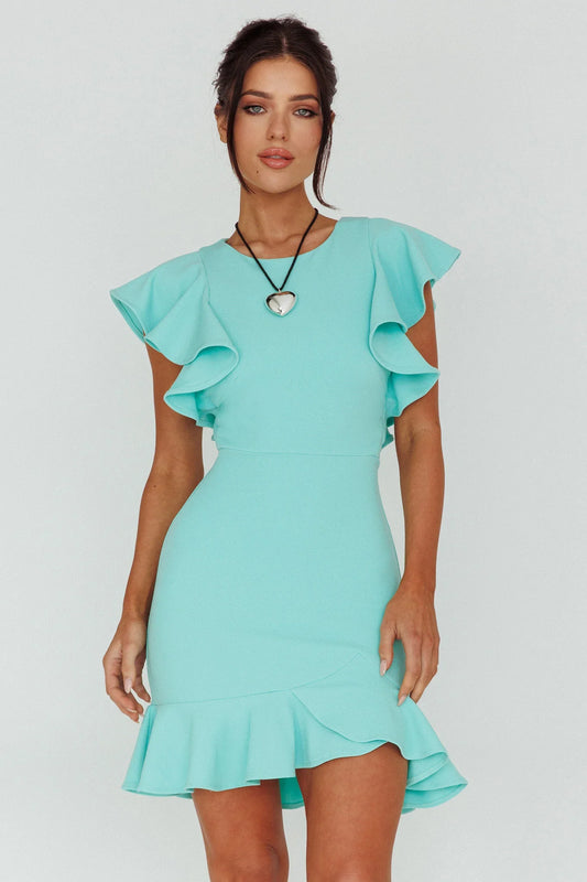 Cupid's Bow Ruffle Shoulder Bodycon Dress Teal